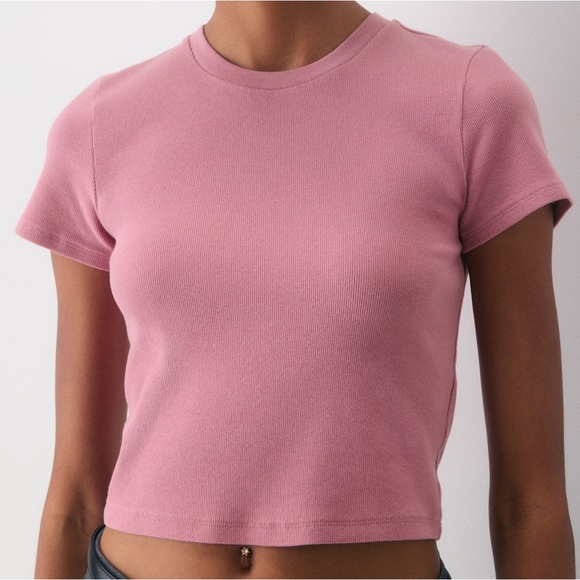 TNA Aritzia HomeStretch Rib Crew Waist T-Shirt - Orange Apricot Chiffon - Picture 3 of 9